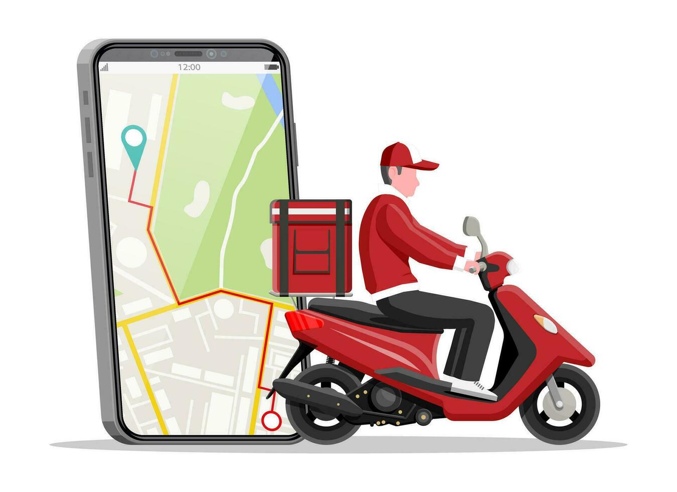 Smartphone with app and man riding motor scooter with the box. Concept of fast delivery in the city. Male courier with parcel box on his back with goods and products. Cartoon flat vector illustration