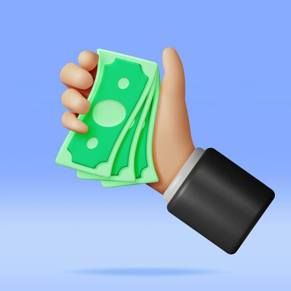 3D Hand Full of Dollar Banknotes Isolated. Render Money in Hand. Paper Cash Money. Growth, Income, Savings, Investment. Symbol of Wealth. Business Success. Vector illustration.