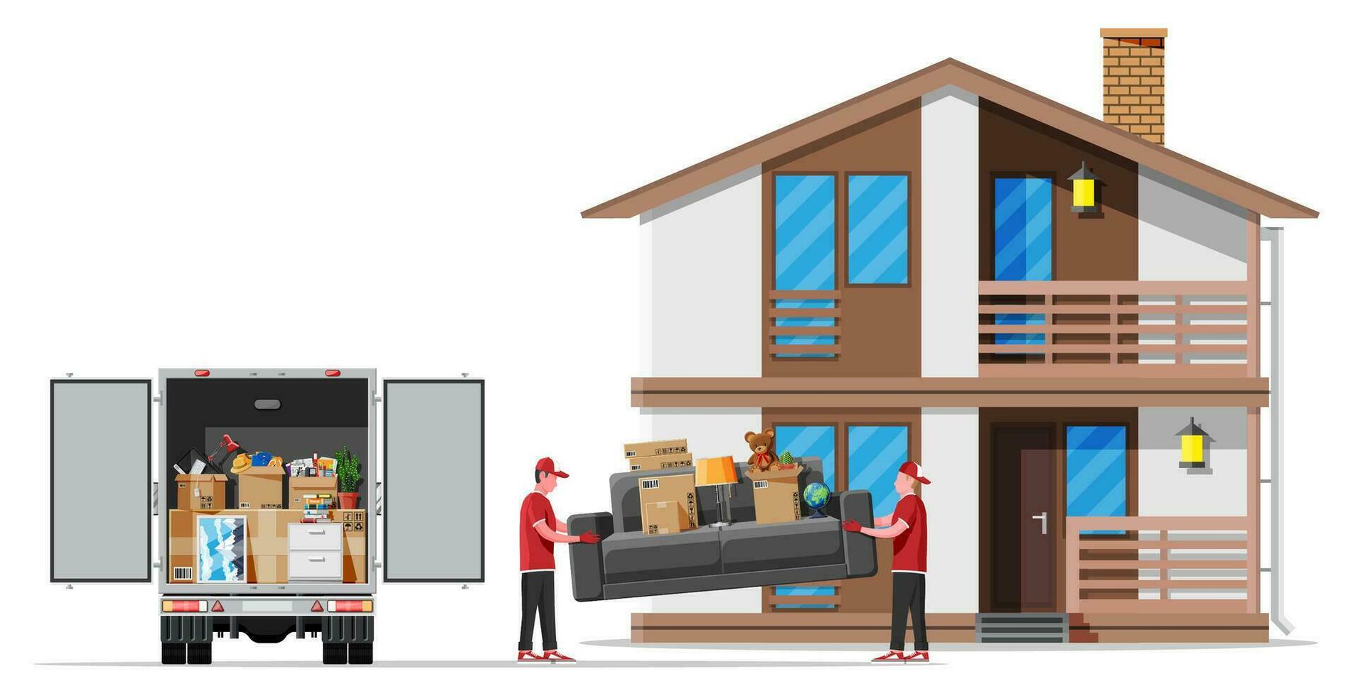 Moving to new house. Family relocated to new home. Male mover, paper cardboard boxes near house, delivery truck. Package for transportation. Household items and electronics. Flat vector illustration