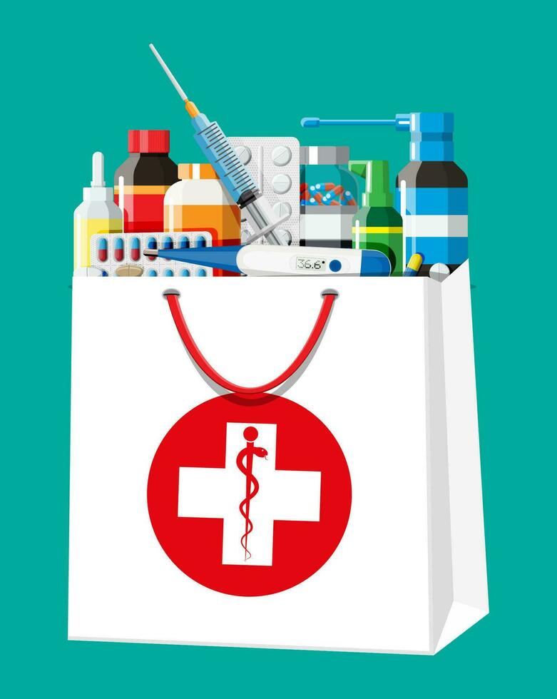 medicina colección en bolsa. conjunto de botellas, tabletas, pastillas, cápsulas y aerosoles para enfermedad y dolor tratamiento. médico droga, vitamina, antibiótico. cuidado de la salud y farmacia. plano vector ilustración