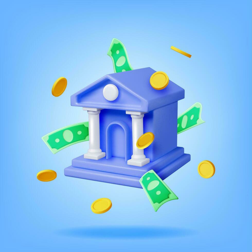 3D Bank Building and Cash Money. Render Financial House Icon. Construction with Columns in Ancient Design. Money Deposit and Withdrawal, Financial Transactions Service Banking. Vector Illustration