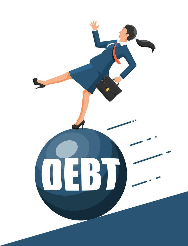 Businesswoman on mountain running away from big debt weight. Business woman with briefcase and wrecking ball. Tax, debt, fee, crisis and bankruptcy. Vector illustration in flat style