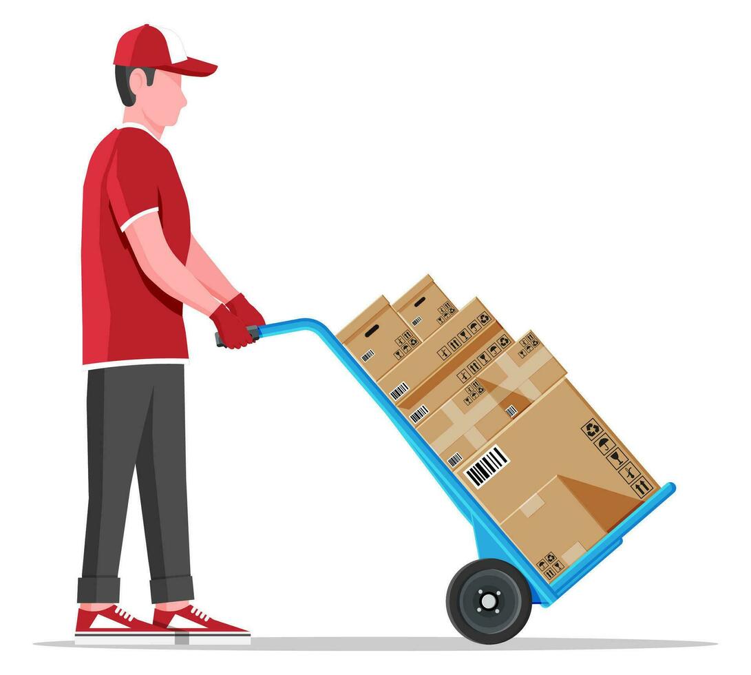 Courier with barrow full of boxes isolated on white. Metallic two wheeled trolley with cardboard box and delivery man. Hand truck dolly icon. Transportation warehouse. Cartoon flat vector illustration