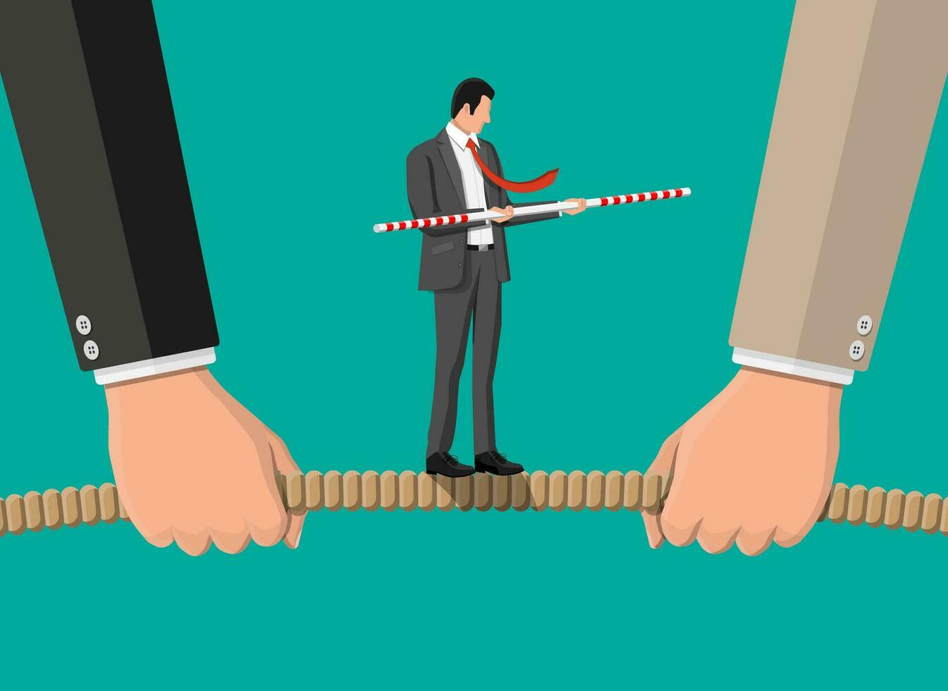 Tug of war. Two businessmen pulling rope against each other. Man in suit walking with balancer. Business target, rivalry, competition, conflict. Achievement, goal success. Flat vector illustration