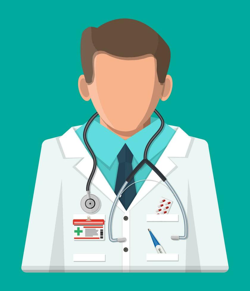 Doctor in white coat with stethoscope. Medical suit with different pills and medical devices in pockets. Healthcare, hospital and medical diagnostics. Vector illustration in flat style