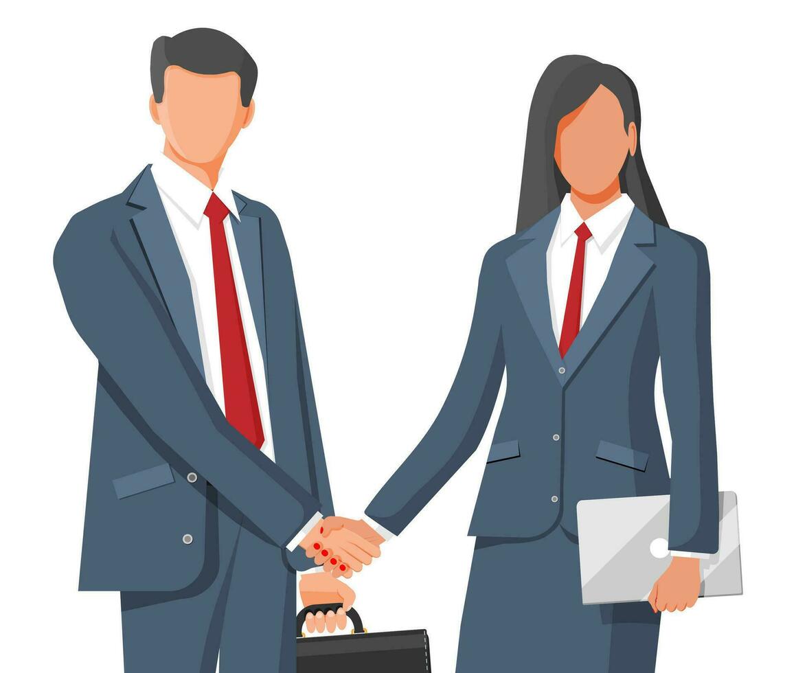 Man and woman in business suits with case and laptop shaking their hands. Relations of partnership concept. Business people partners handshake. Successful transaction, deal. Flat vector illustration