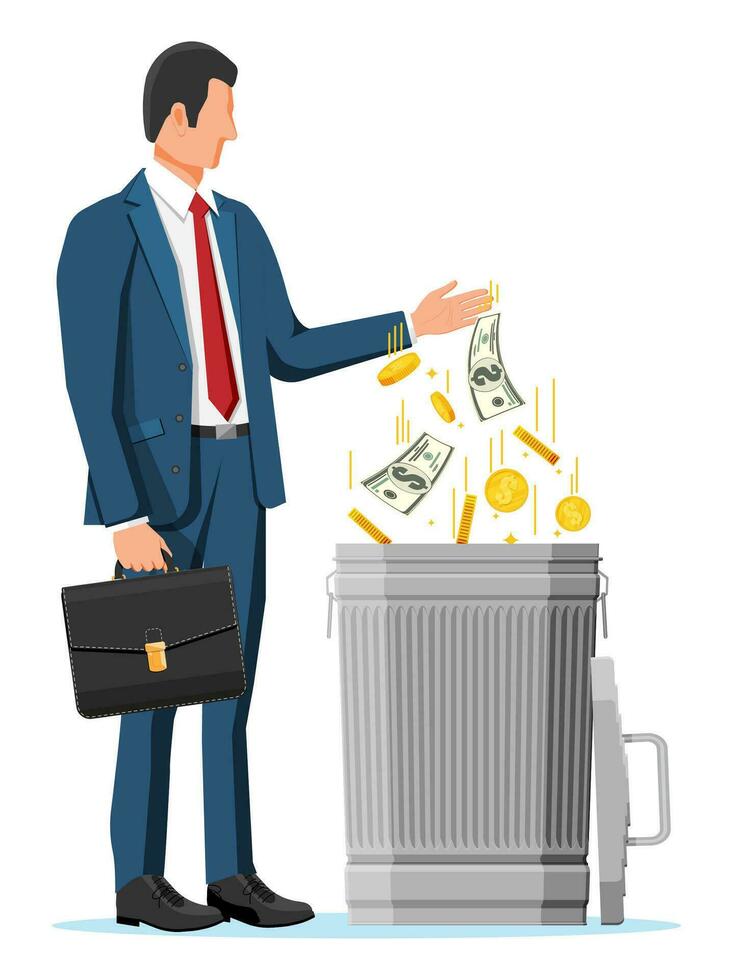 empresario poniendo dorado monedas y dólar cuentas en basura. basura residuos inversión. perdiendo o debilitante dinero, gastar demasiado, bancarrota o crisis. vector ilustración en plano estilo