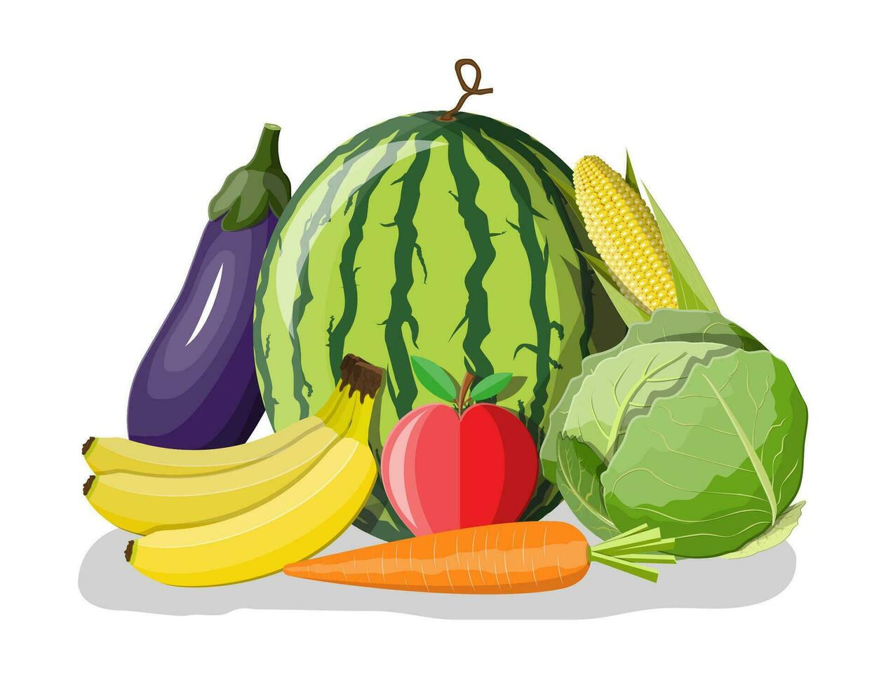 Nature organic products. Diet, nutrition, fitness and weight loss. Vitamins from fruits vegetables. Watermelon, carrot, banana, apple, cabbage corn and eggplant. Veggie food. Flat vector illustration
