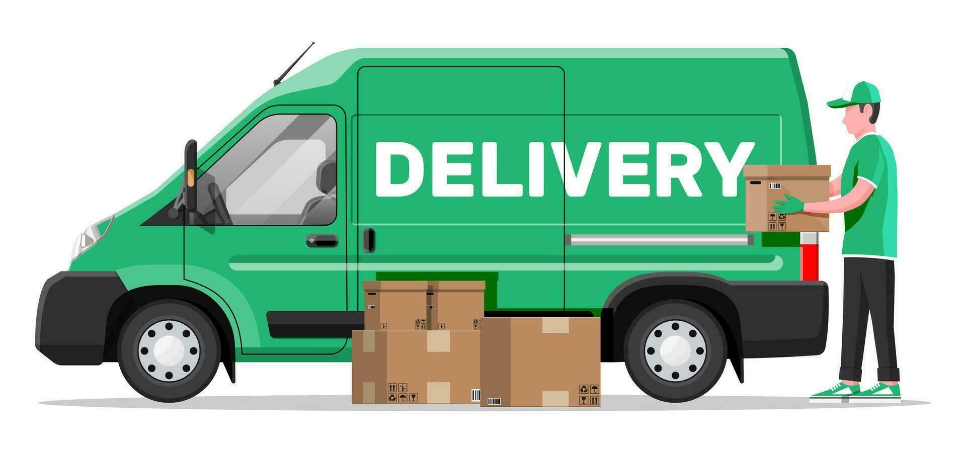 Loader unloads the goods from van. Fast and free delivery service in city. Courier with parcel box. Male mover, paper cardboard boxes with goods. Cargo and logistic. Cartoon flat vector illustration