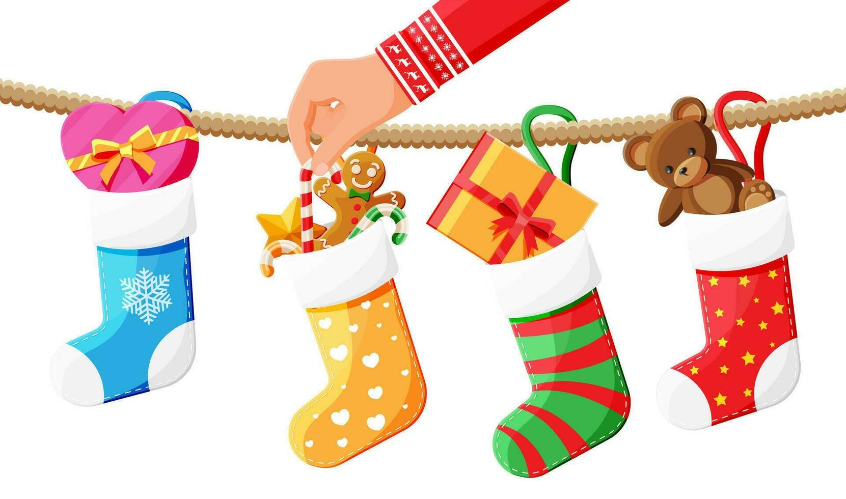 Christmas sock stocking on rope with teddy bear, gift box, gingerbread man, candy cane. Happy new year decoration. Holiday new year and xmas celebration. Vector illustration flat style