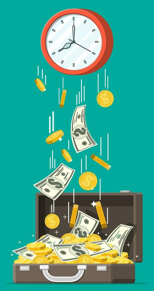 Leather briefcase, coins banknotes falling from clocks. Saving dollar coin in purse. Growth, income, savings, investment. Banking, time is money. Wealth, business success. Flat vector illustration