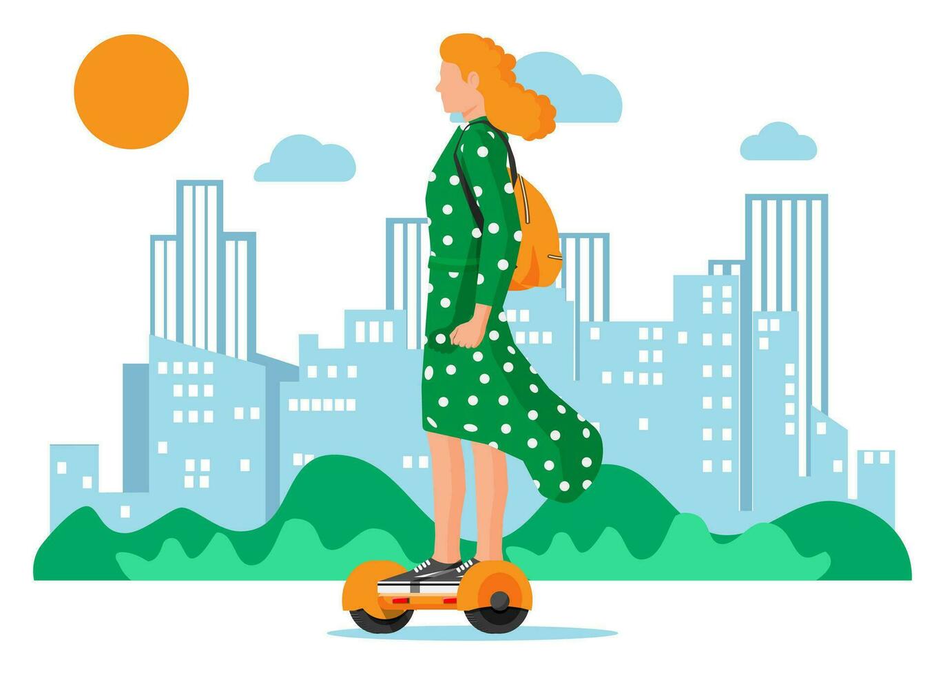 joven hembra personaje en autoequilibrio dos con ruedas bateria cargada eléctrico scooter. mujer montando hoverboard eco ciudad transporte. ecológico conveniente urbano transporte. plano vector ilustración