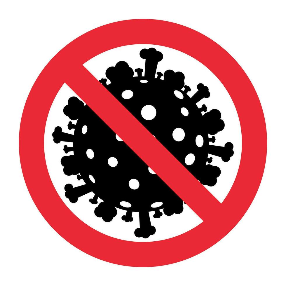 Sign caution coronavirus. Stop corona virus. Virus 2019 nCoV, pathogenic microorganism. Red virus bacteria cell, covid 19 influenza disease. Flat vector illustration