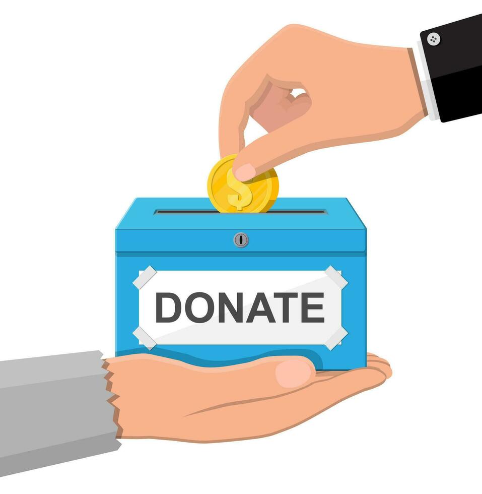 Donation box with golden coins. Charity, donate, help and aid concept. Vector illustration in flat style