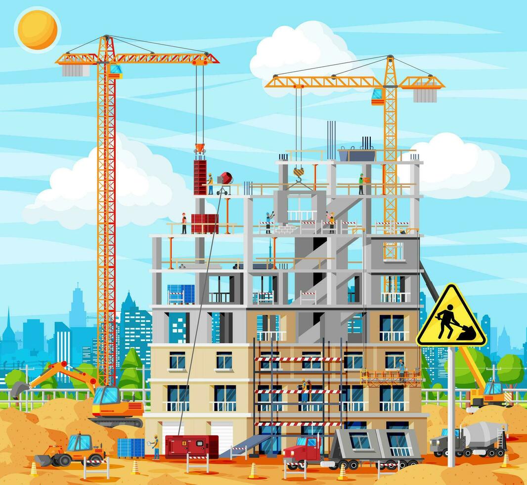 Construction Site Banner. Truck car, Workers, Concrete Piles, Tower Crane. Under Construction Design Background. Building Materials and Equipment. Cityscape, Skyline. Cartoon Flat Vector Illustration
