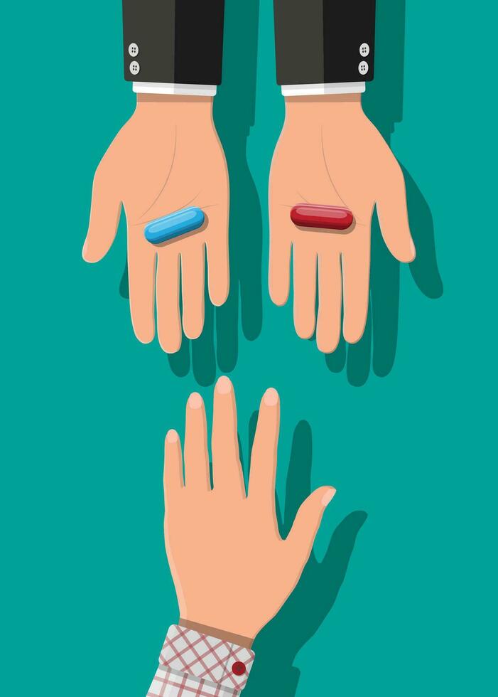 Hands with blue and red capsule pills. Choice or decision metaphor. Medical drugs in hand. Vector illustration in flat style