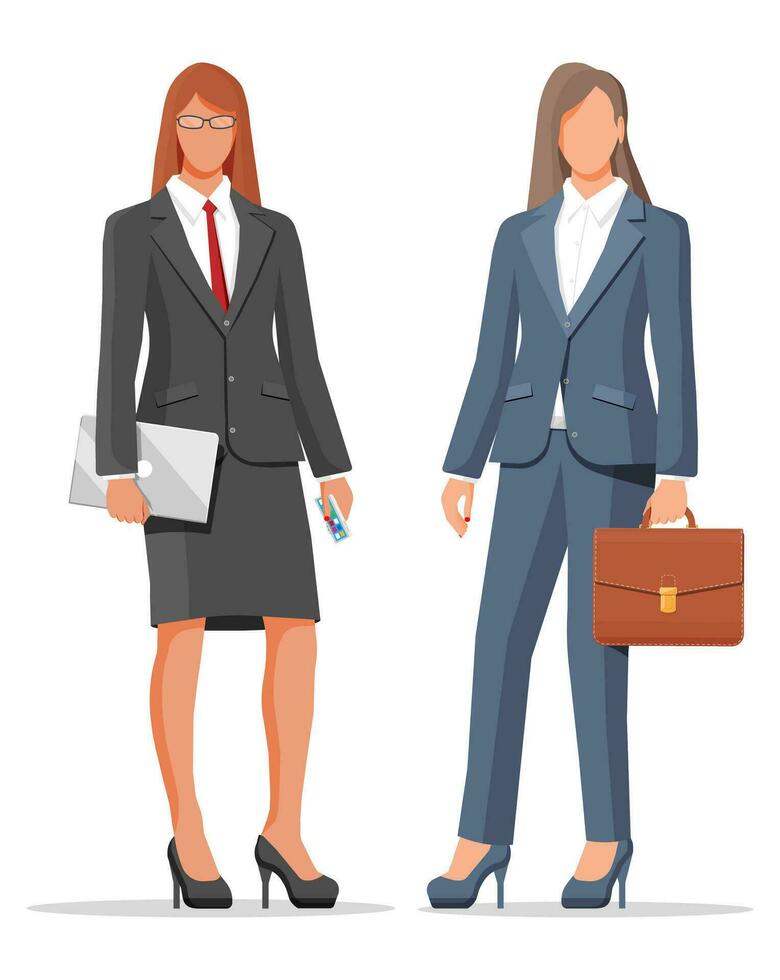 Two businesswoman in grey suit isolated on white. Female character. Business woman with laptop and briefcase. Office employee or worker, manager, sales, bank clerk. Flat cartoon vector illustration