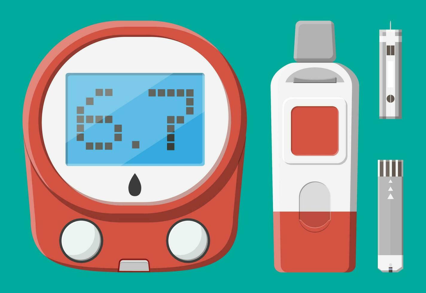 Testing blood glucose concept. Glucometer, test strips and lancet. Test equipment and medicine. Healthcare, hospital and medical diagnostics. Urgency services. Flat vector illustration