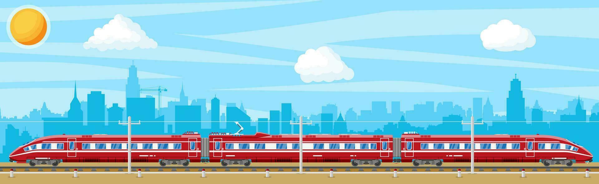 High Speed Train and Landscape With Cityscape. Super Streamlined Train. Passenger Express Railway Locomotive. Railroad Public Transportation. Rapid Transport Subway. Flat Vector Illustration