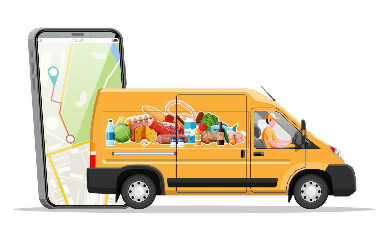 Delivery van full of food and smartphone. Concept of fast grocery delivery service. Supermarket, cafe, restaurant. Groceries products, bread, meat milk fruit vegetable drinks. Flat vector illustration