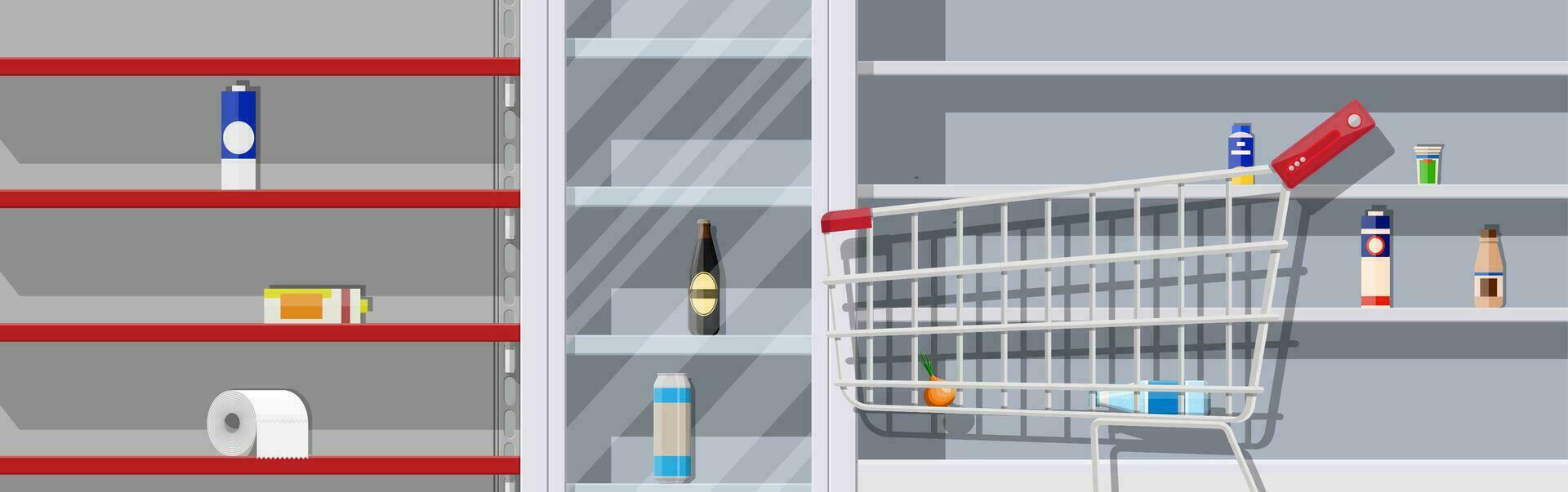 Interior of supermarket with empty shelves. Empty shopping cart, food hoarding. No food or necessities in store. Financial crisis, war, epidemic virus. Panic of Coronavirus. Flat vector illustration