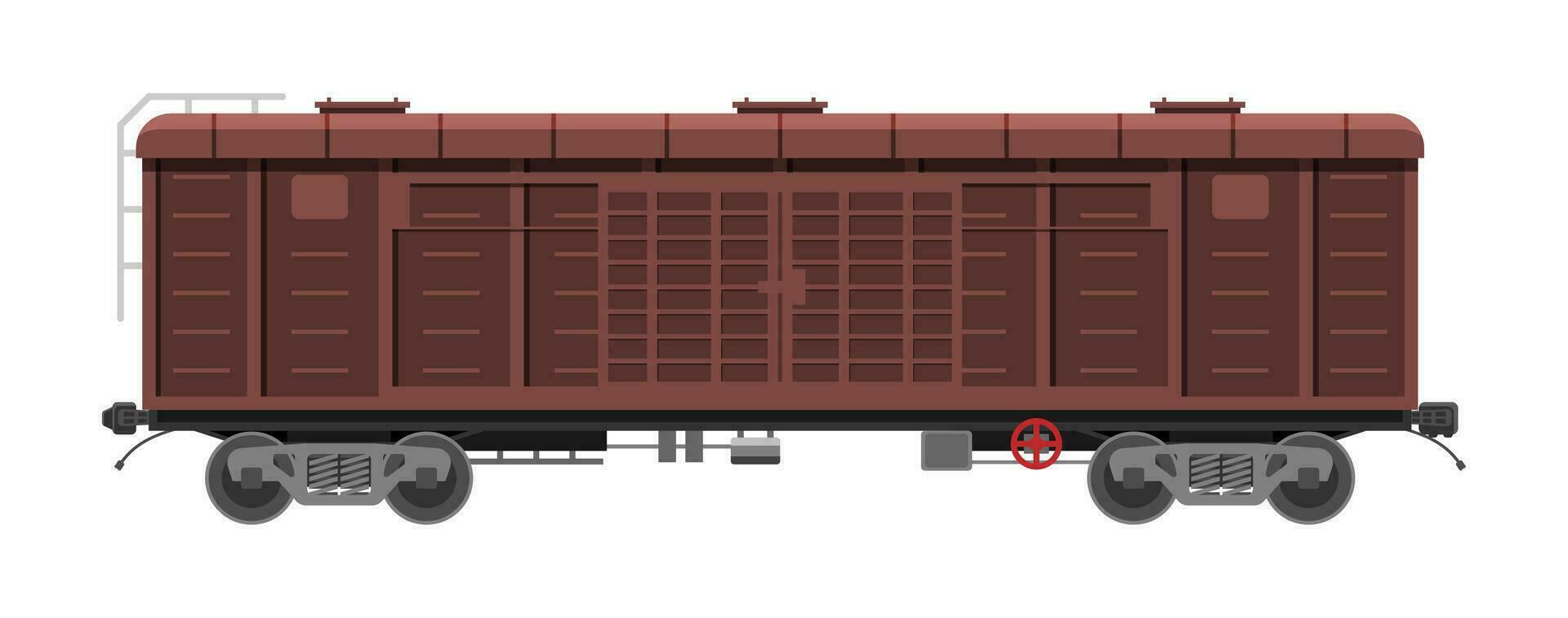Freight railroad car isolated on white background. Freight boxcar wagon. Flatcar part of cargo train. Industrial railroad transportation. Flat vector illustration