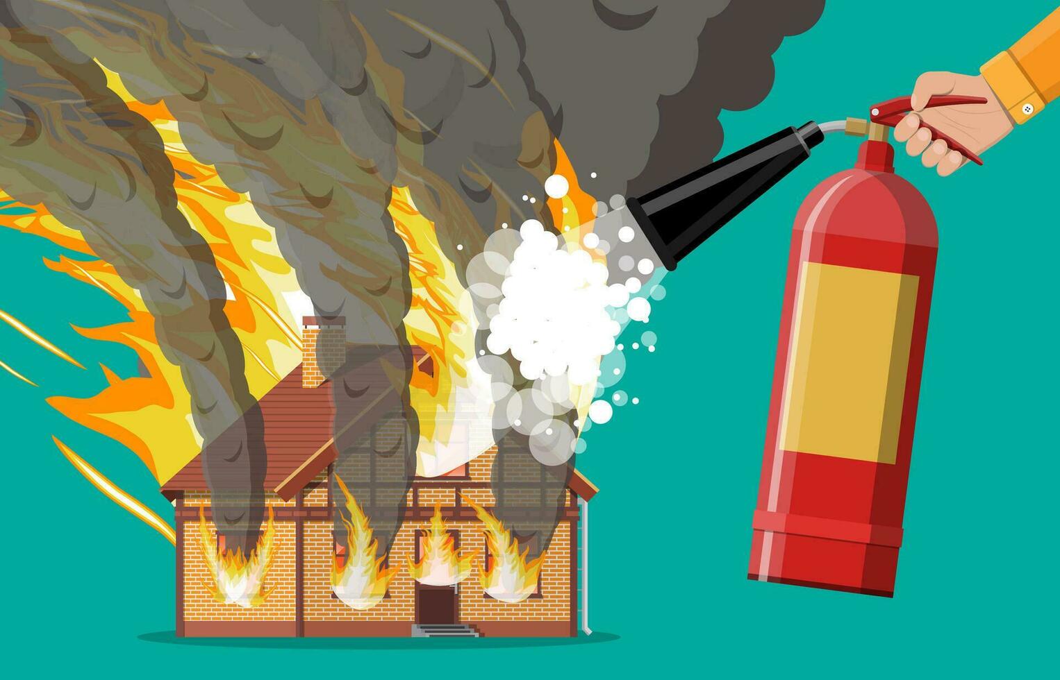 Wooden house burns fire in cottage. Extinguish fire in home. Fireman hand with fire extinguisher. Orange flames, black smoke with sparks. Property insurance. Natural disaster. Flat vector illustration