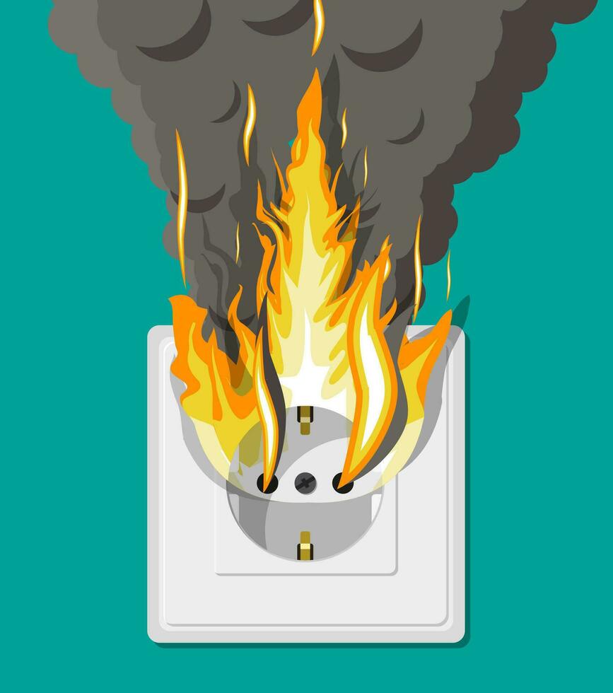 eléctrico toma de corriente en fuego. sobrecargar de red. corto circuito. eléctrico la seguridad concepto. pared enchufe en llamas con fumar. vector ilustración en plano estilo