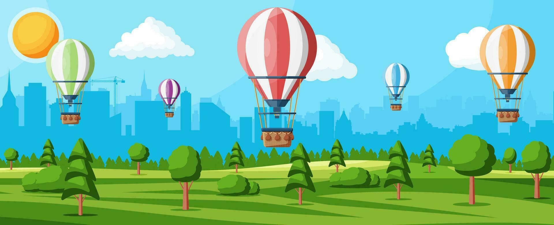 Hot Air Balloon In The Sky With Clouds and Sun. Vintage Air Transport. Nature Outdoor Background. Aerostat With Basket. Nature Landscape Of Green Hills And Cityscape. Flat Vector Illustration