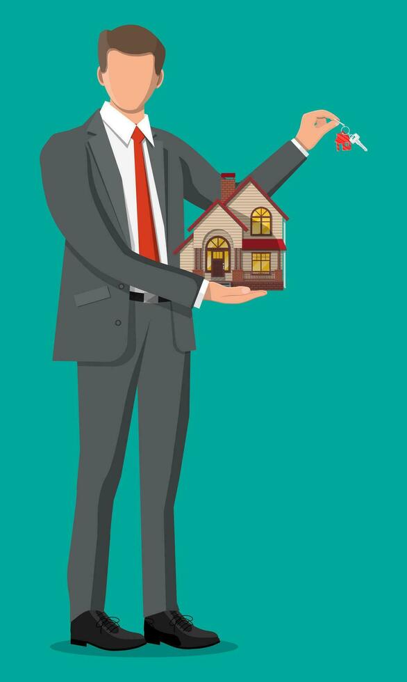 Businessman holding house building and key. Real estate agent or realtor in suit. Countryside wooden house. Mortgage, property and investment. Buy sell or rent realty. Flat vector illustration