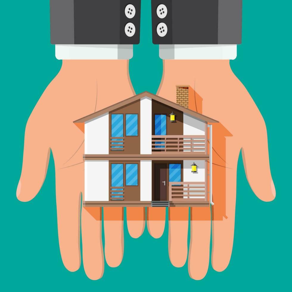 Businessman holding house building. Real estate agent or realtor in suit. Countryside wooden house. Mortgage, property and investment. Buy sell or rent realty. Flat vector illustration