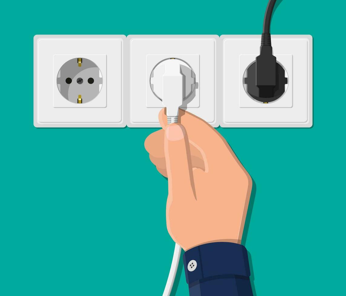 Electrical outlet and hand with plug. Electrical components. Wall socket with cable. Vector illustration in flat style