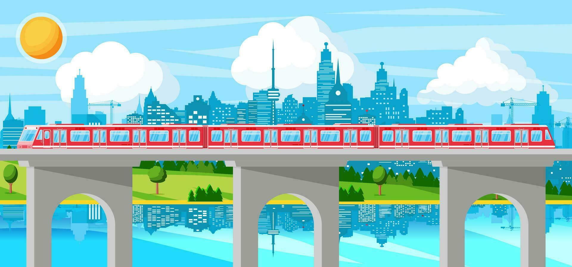 Skytrain y paisaje con paisaje urbano súper simplificado tren. pasajero Rápido ferrocarril locomotora. monocarril ferrocarril público transporte. rápido transporte subterraneo. plano vector ilustración