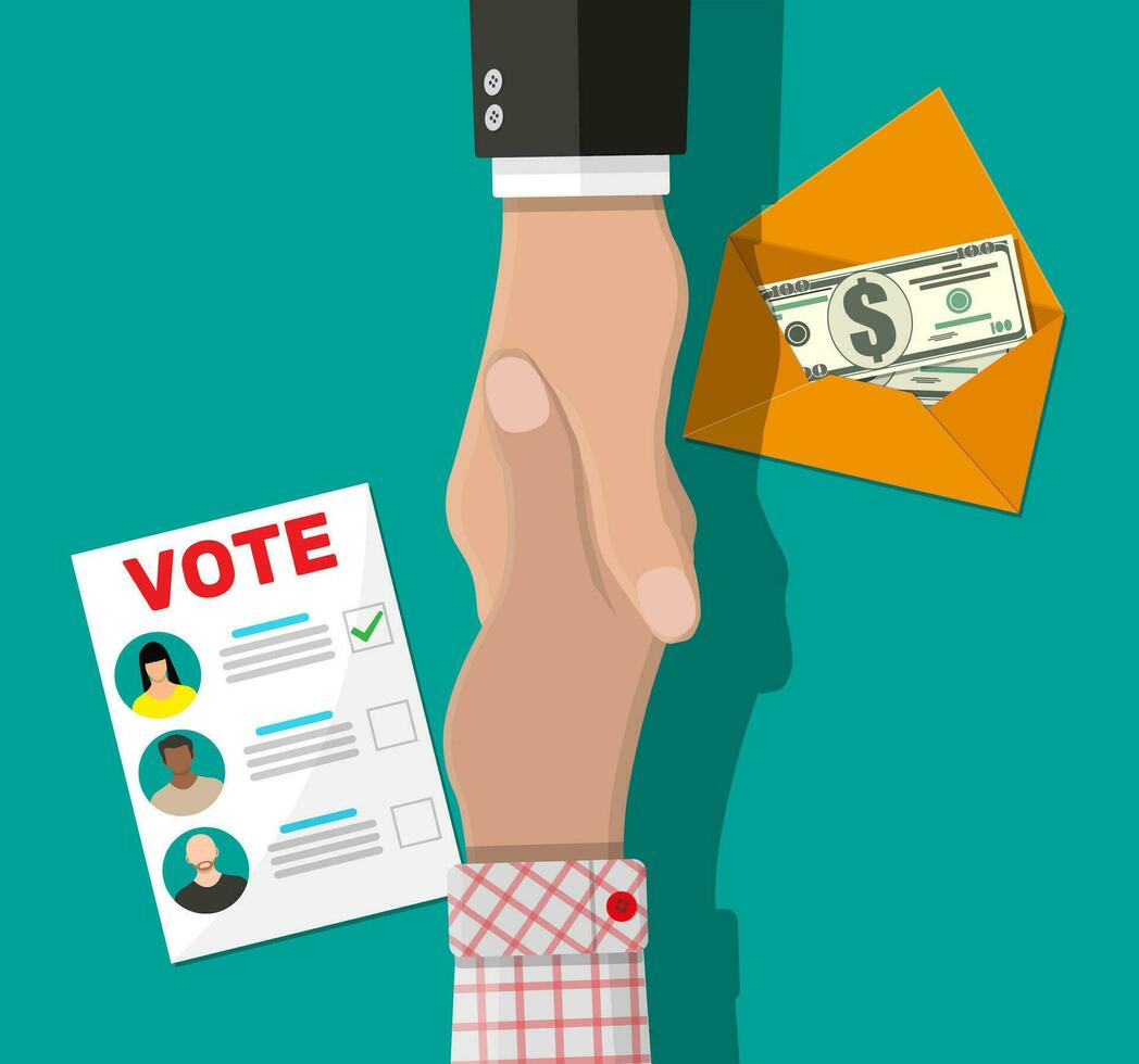 Voter and politician handshake. Voting ballot and envelope with money. Selling vote for election. Deal of election frauds. Bribe and corruption in election. Vector illustration in flat style