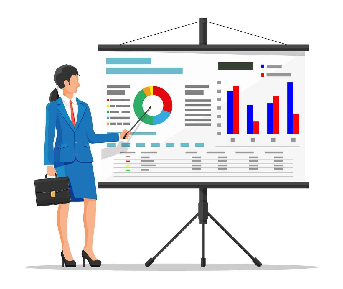 Businesswoman in suit giving presentation with projector screen. TV screen with financial report and lecturer. Training staff, meeting, report, business school. Vector illustration in flat style