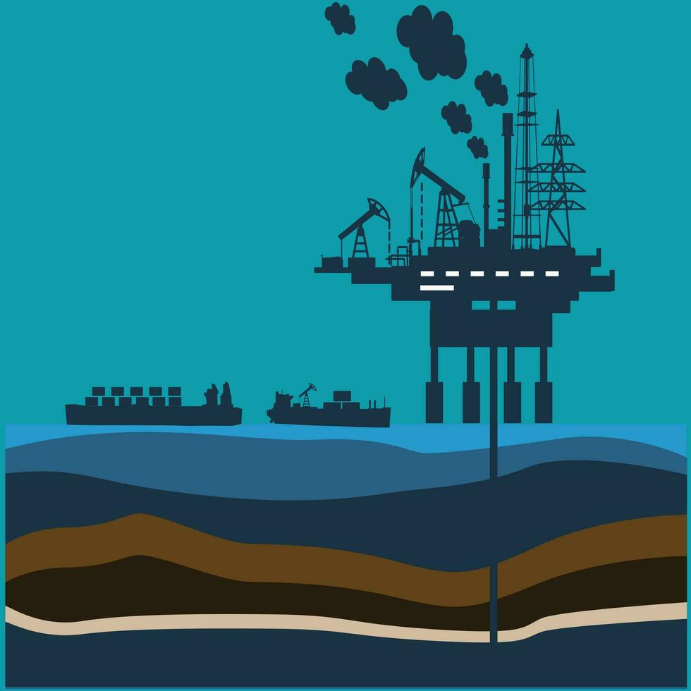 Offshore oil mine. Earth mining industry, mineral resources extraction art illustration. Flat style oil refinery, factory equipment with connected dots vector