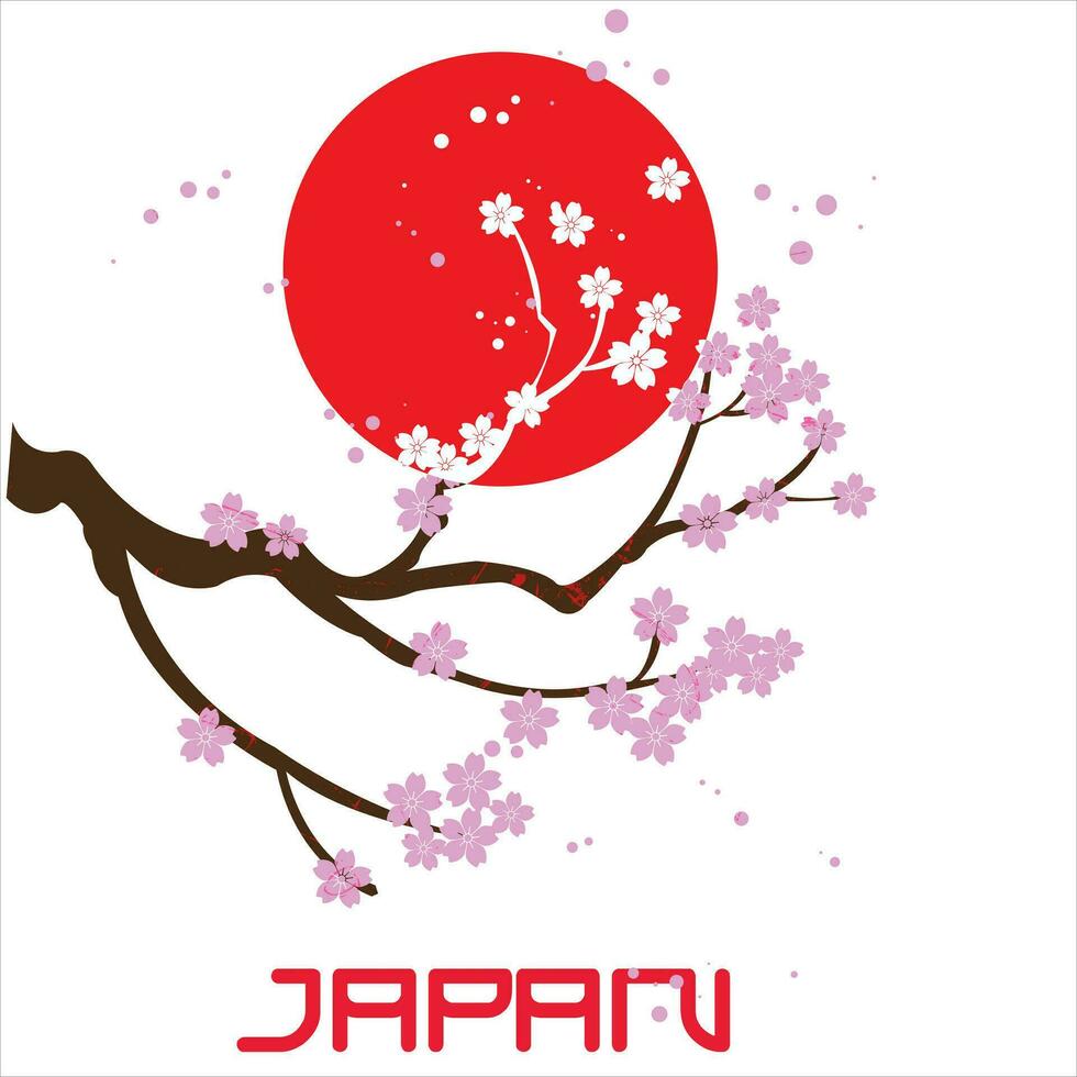 Cereza florecer con Luna elemento Japón bandera símbolo. Arte naturaleza paisaje antecedentes con acuarela textura vector. rama con hojas y floral decoración en Clásico estilo. vector