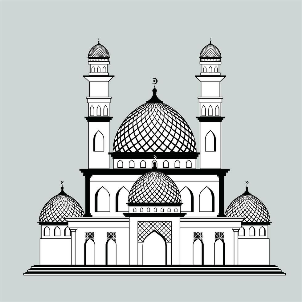 Line art mosque building. Islamic castle desert building, traditional arabic muslim temple for muslim ramadan prayers, arabic tower housing with dome, neat vector illustration of mosque or castle