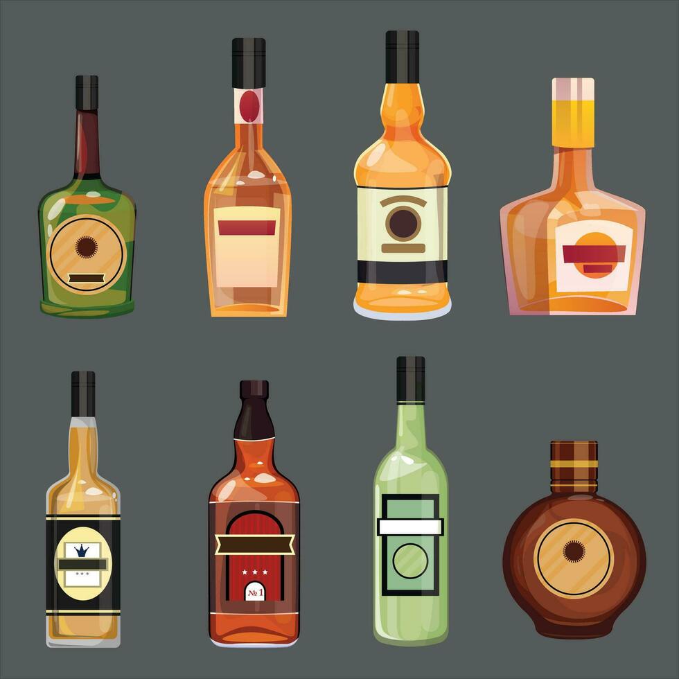 Realistic alcohol drink bottles, Premium quality alcoholic drink bottles containing wine and liquor and cocktail drinks. vector isolated 3D mockup object.