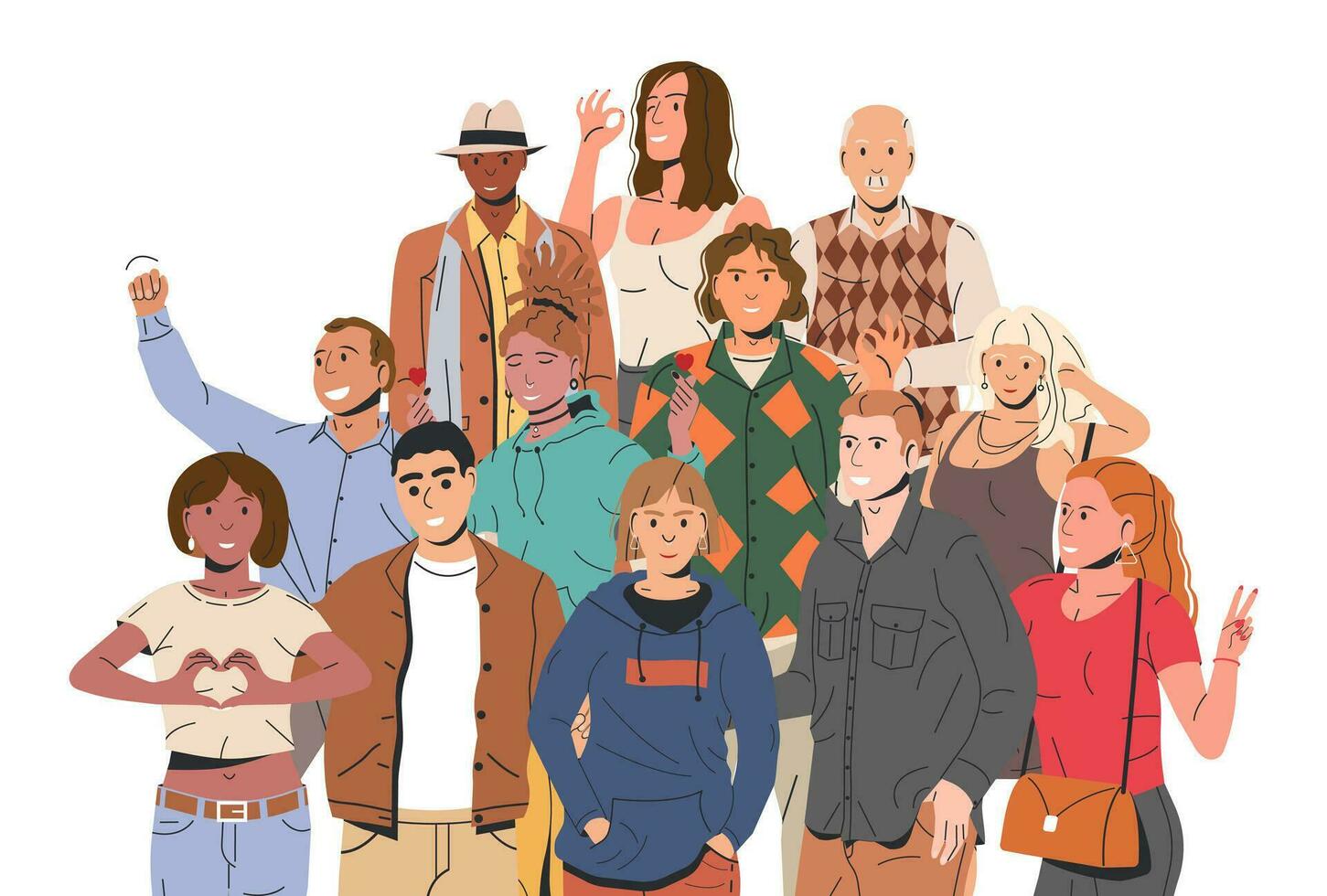 diverso multicultural y multirracial personas grupo. hombre y mujer en de moda atuendo en pie juntos. personas con diferente peinados y etnias en casual ropa. plano vector ilustración