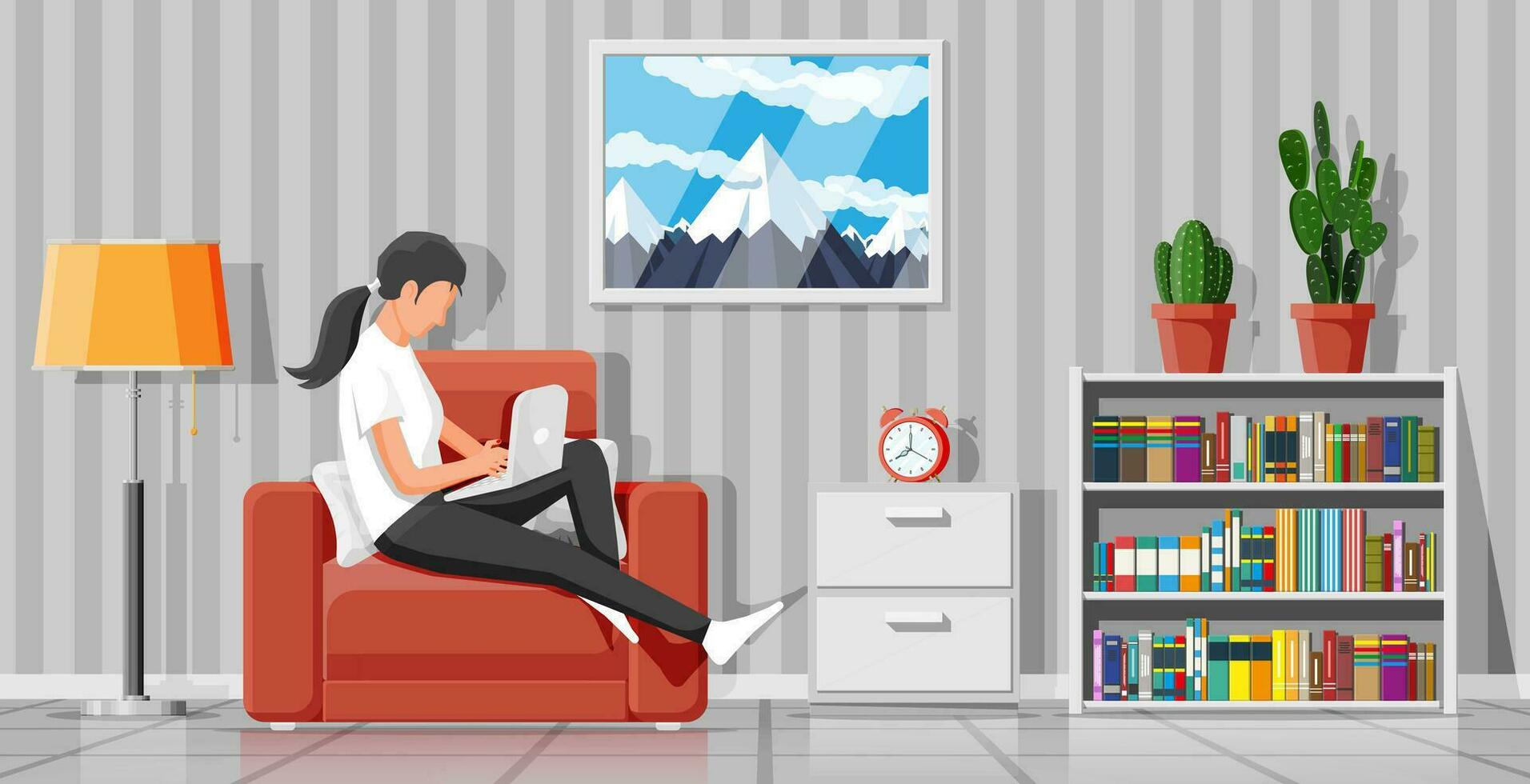 Interior of modern living room. Freelancer on sofa working at home with laptop. Woman chilling on armchair. Hipster character in jeans and t-shirt. Lamp, library, plant. Flat vector illustration