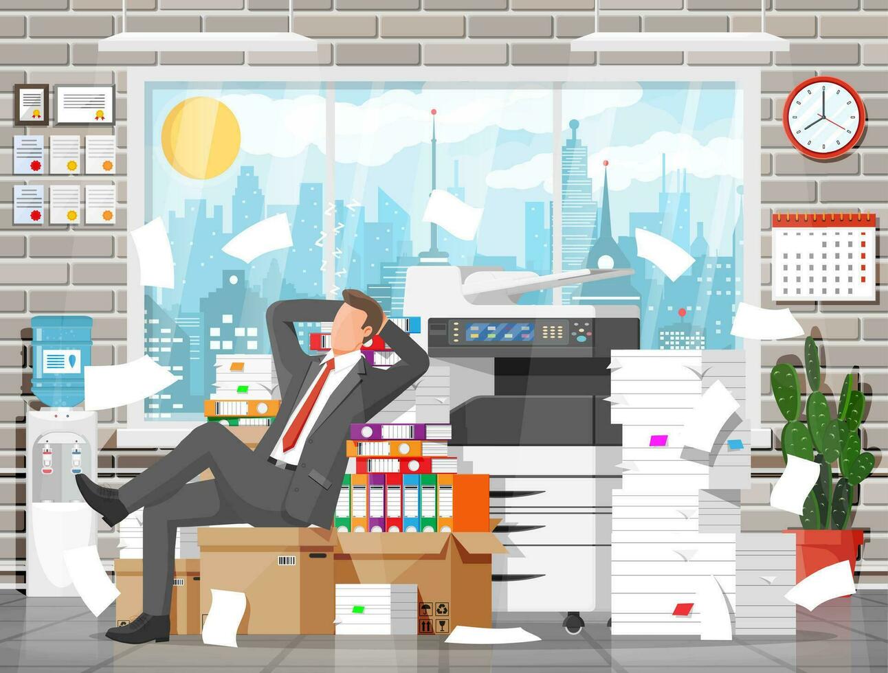 Business man character sleep in office in bunch of papers. Tired businessman or office worker sleeping on workplace. Stress at work. Bureaucracy, paperwork, deadline. Vector illustration in flat style