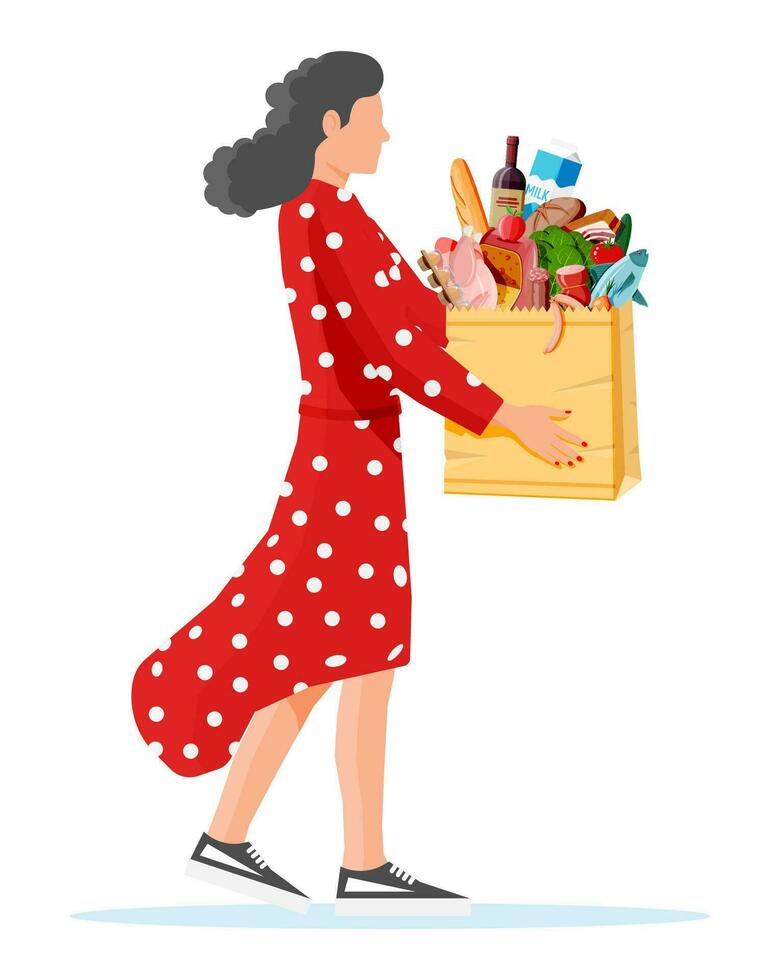 Woman with shopping bag full of fresh products. Grocery store supermarket. Food and drinks. Milk, vegetables, meat, chicken cheese, sausages, salad, bread cereal steak egg. Flat vector illustration