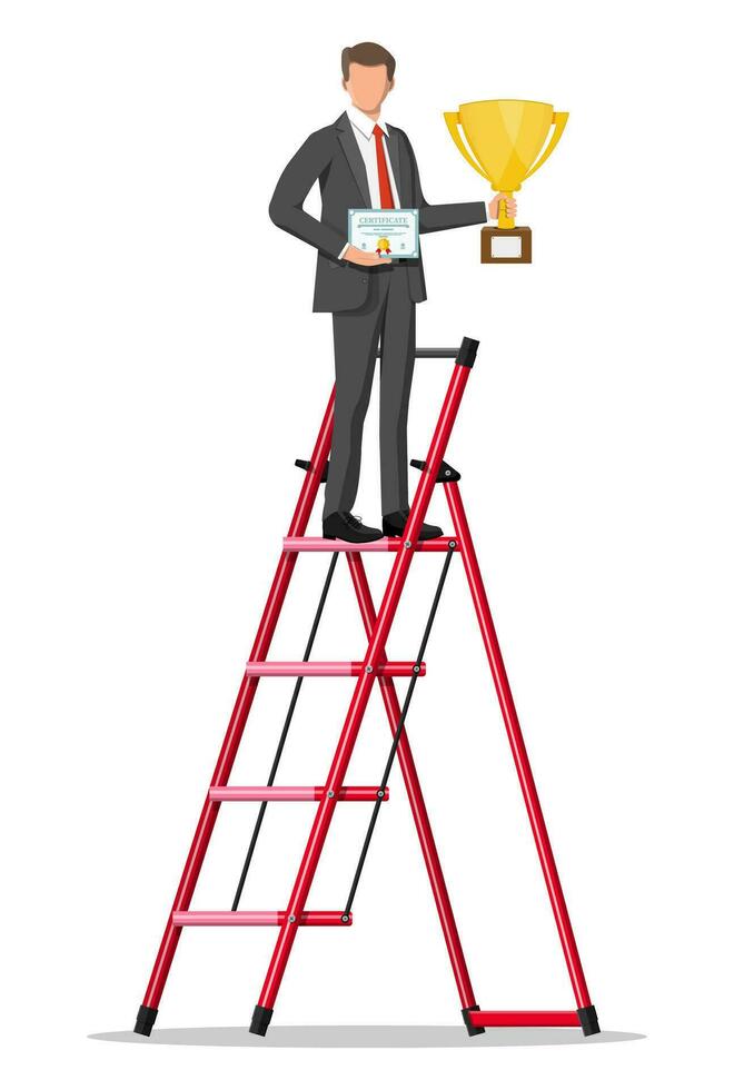 Businessman on ladder holding trophy, showing award certificate celebrates his victory. Business success triumph goal achievement. Winning of competition. Flat vector illustration