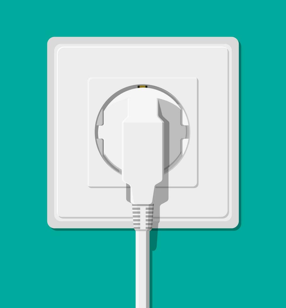 Electrical outlet and hand with plug. Electrical components. Wall socket with cable. Vector illustration in flat style