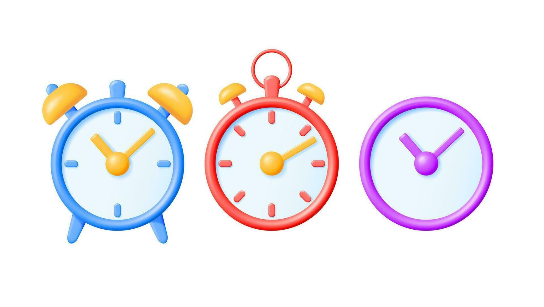 3D Simple Classic Round Wall Clock Set Isolated. Render Alarm Clock Icon Collection. Measurement of Time, Deadline, Time-Keeping and Time Management Concept. Watch Symbol. Minimal Vector Illustration