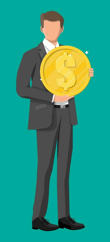 exitoso empresario participación grande dólar moneda. negocio hombre con dorado moneda. negocio éxito, triunfo, objetivo o logro. victorioso de competencia. vector ilustración plano estilo