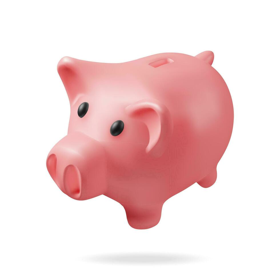 3D Piggy Bank Isolated. Render Plastic Piggy Bank for Money. Moneybox in Form of Pig. Concept of Cash Money, Business Deposit Investment, Financial Savings. Vector Illustration