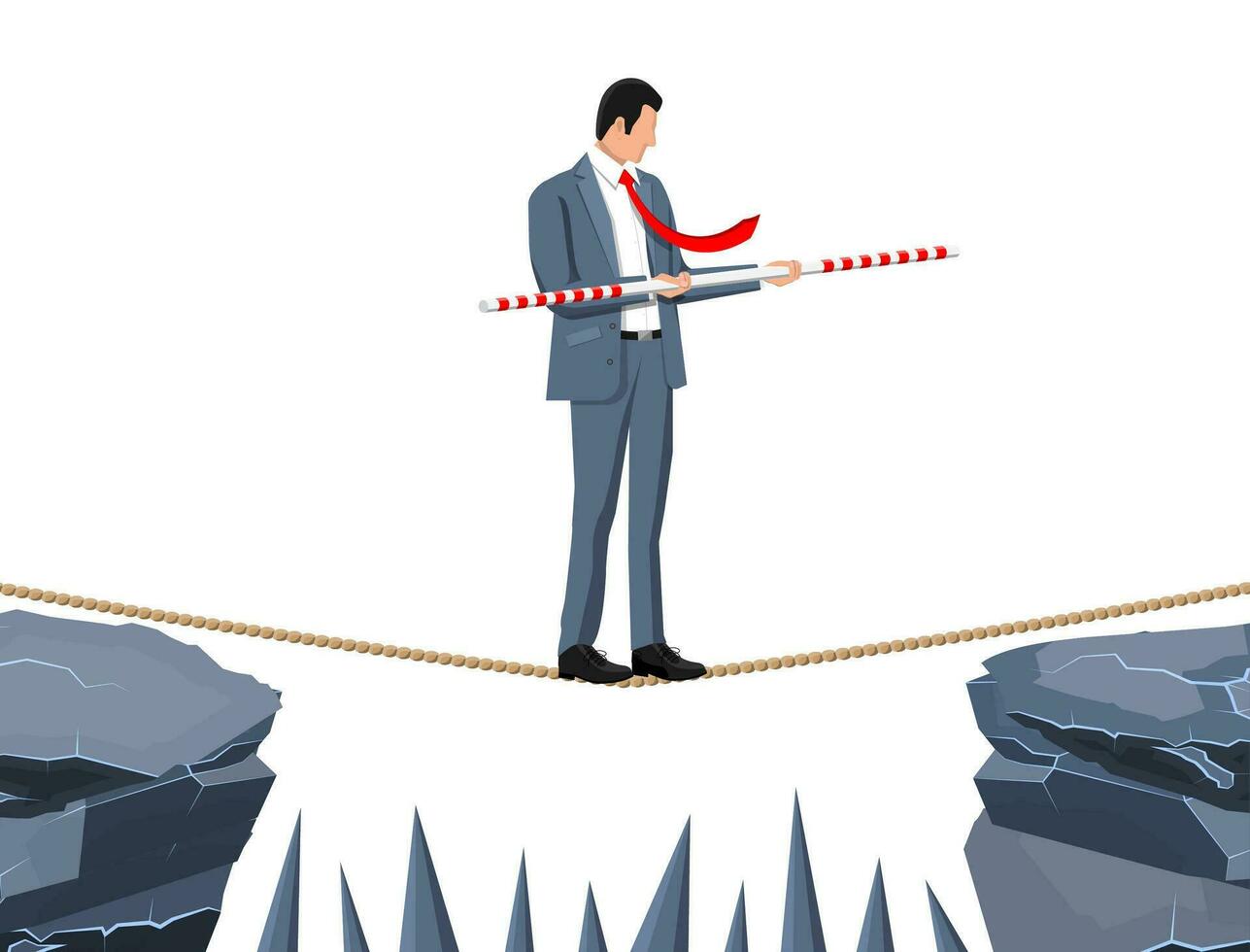 Businessman in suit walking on rope with balancer stick. Business man walking on tightrope gap. Obstacle on road, financial crisis. Risk management challenge. Vector illustration in flat style