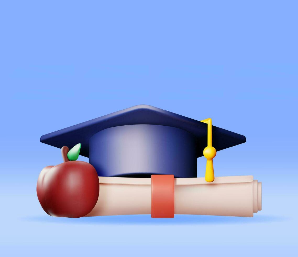 3D Apple, Certificate with Stamp and Graduation Cap. Render White Diploma with Badge and Education Hat. Diploma or Accreditation. Goal and Achievement. Business Graduation Concept. Vector Illustration